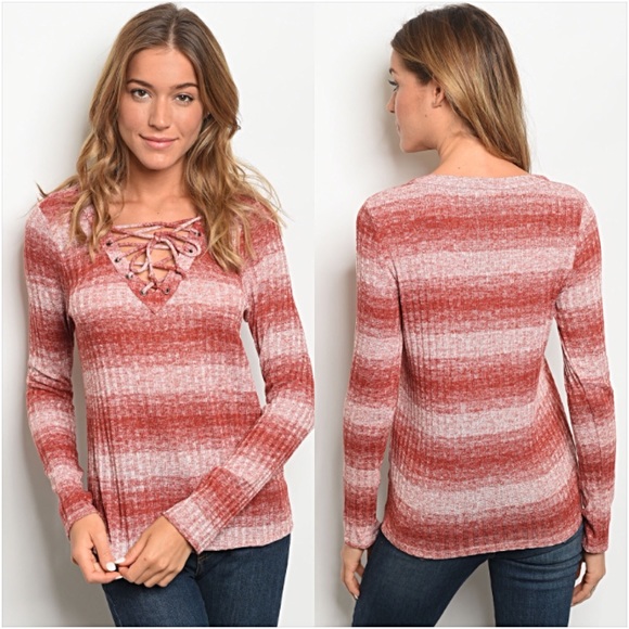 Ribbed LaceUp Ombré Striped Sweater Top SML - Picture 3 of 6
